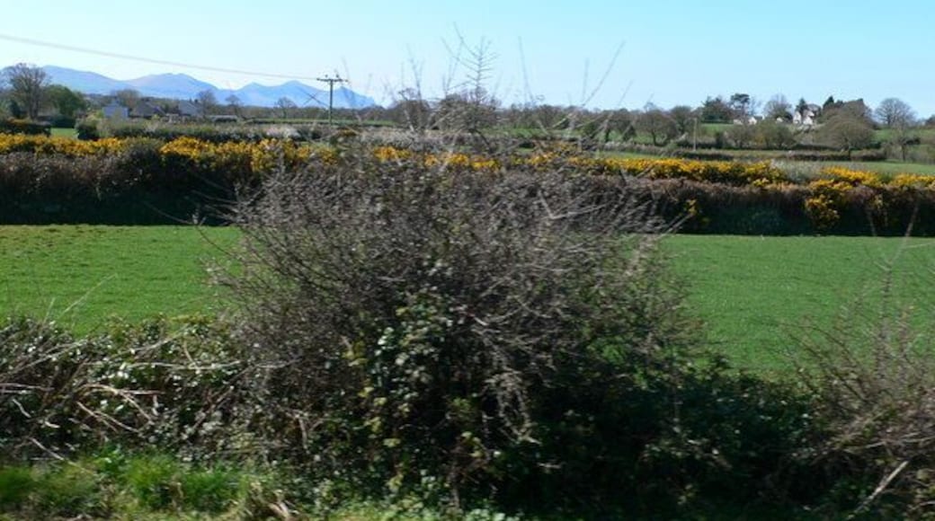 Lleyn countryside A patchwork of small field enclosures. In the far distance, the three peaks on the right at The Rivals.