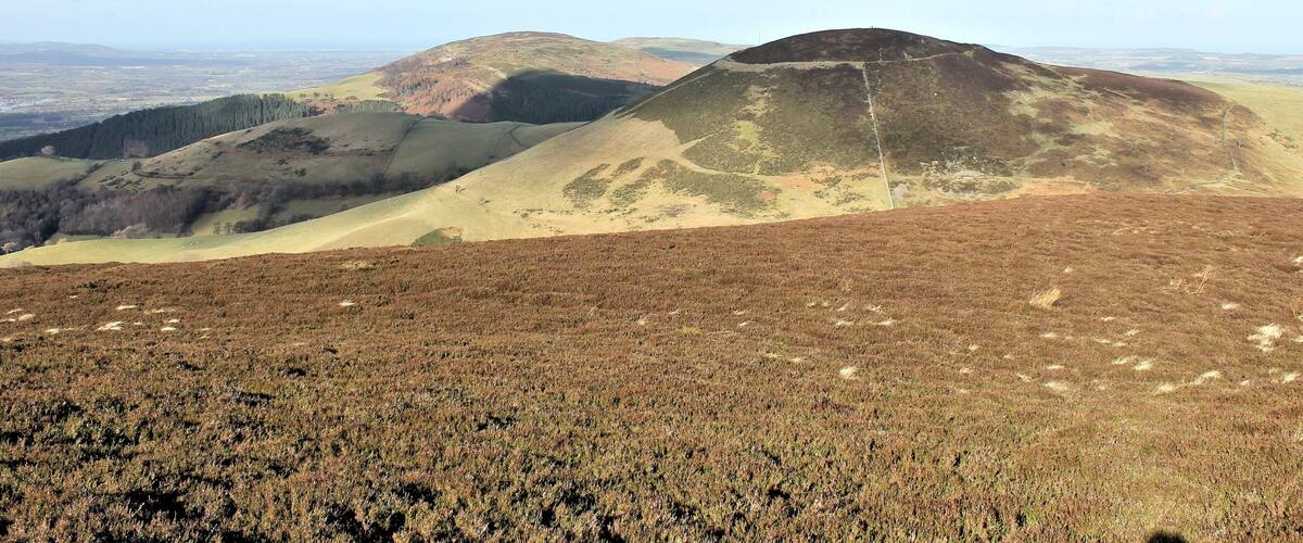 A hilly landscape with a clear sky and distant views of a valley.