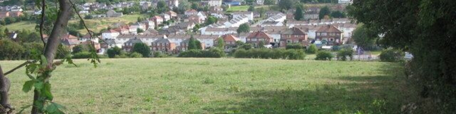 The Holway estate. A view looking south from a field entrance on the track to Moor Farm, showing the Holway estate and Pen-y-Ball hill behind.