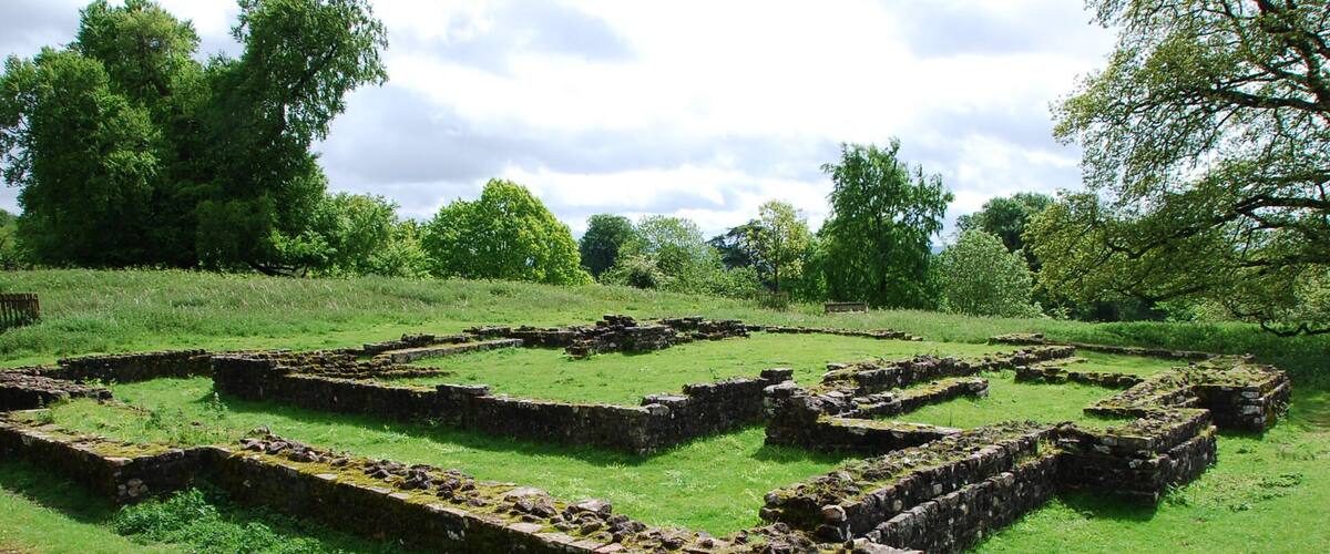 Ancient stone ruins in a grassy field with trees in the background.