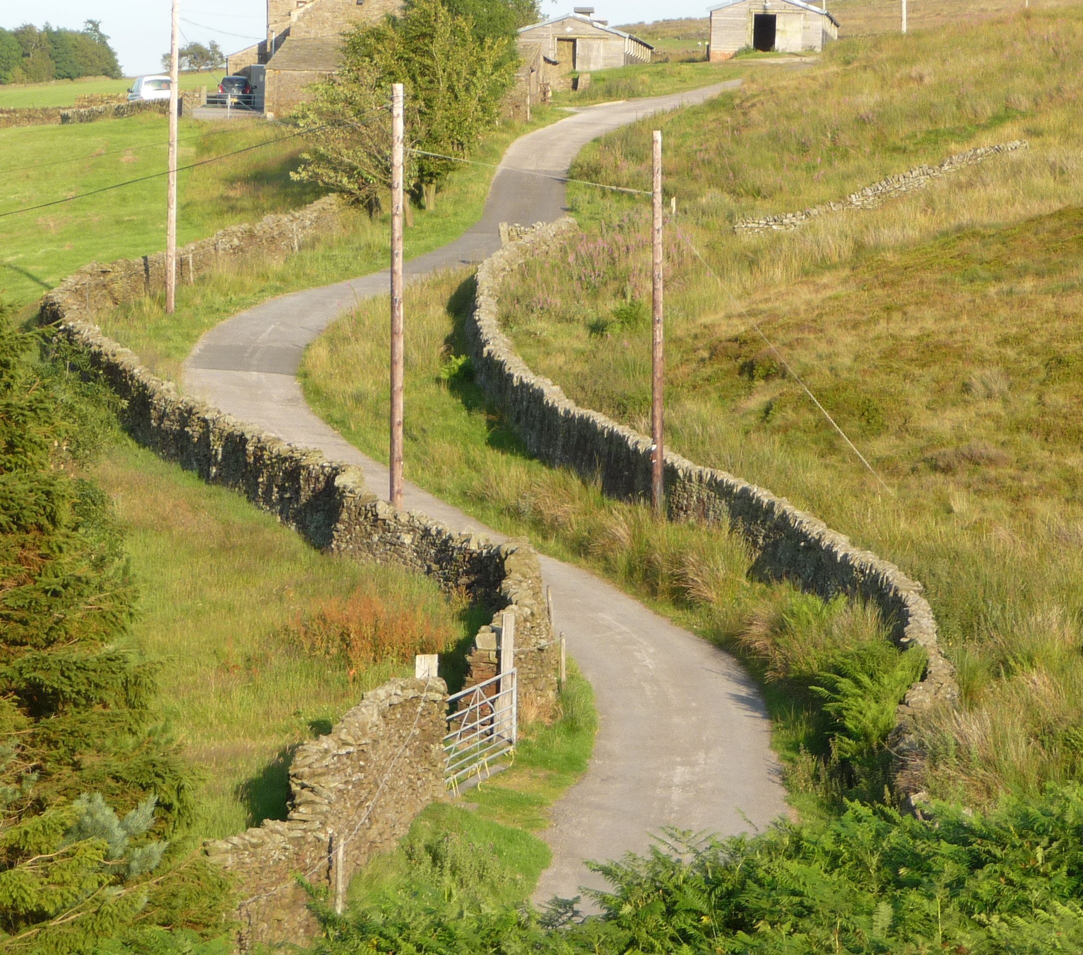 A winding country road with stone walls on one side and a grassy field on the other.