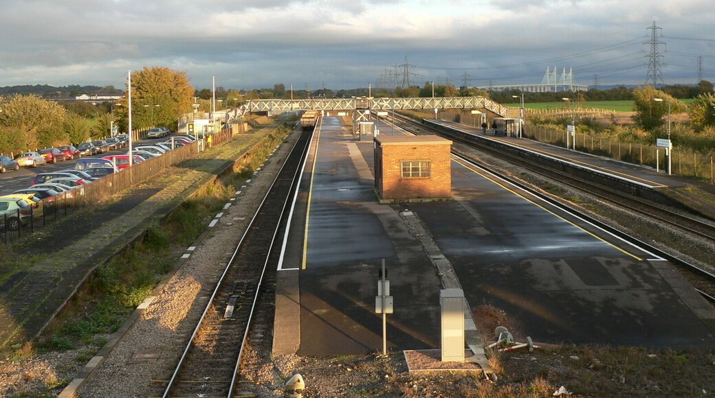 Severn Tunnel Junction railway station viewed looking east from the nearby road bridge.