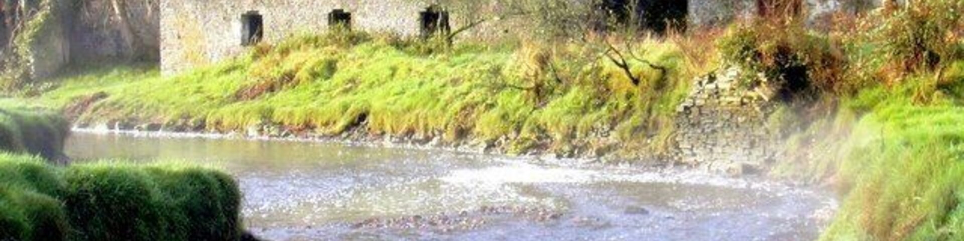 Um rio serpenteia por um antigo edifício de pedra com várias janelas e uma porta, cercado por vegetação e árvores.