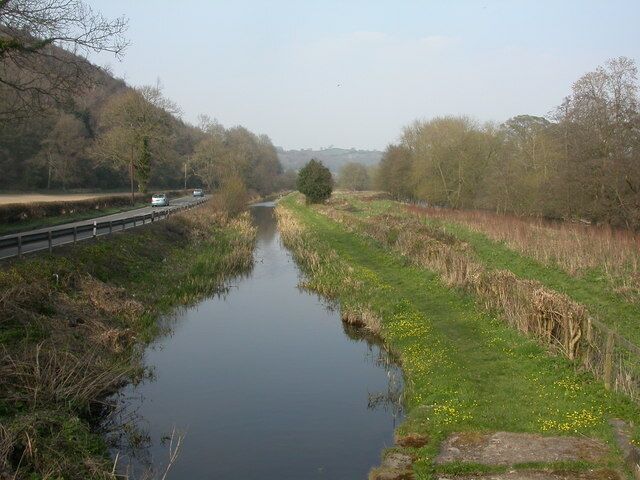 Brynderwen, canal Montgomery Canal, running for 35 miles from Welsh Frankton to near Newtown, seen here just North of Brynderwen Lock; to the left, A 483, to the right, glinting River Severn. http://www.waterscape.com/canals-and-rivers/montgomery-canal