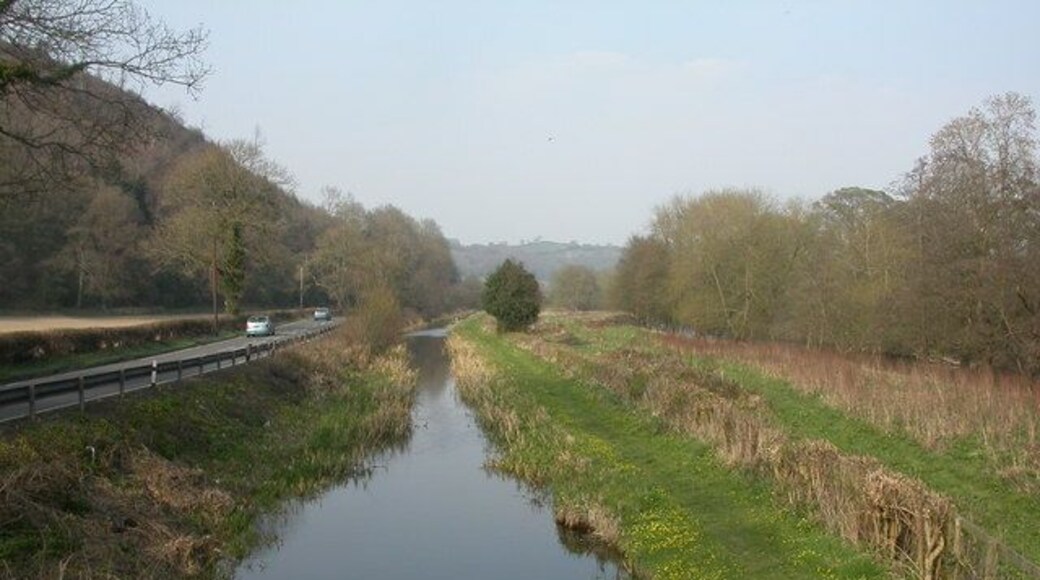 Brynderwen, canal Montgomery Canal, running for 35 miles from Welsh Frankton to near Newtown, seen here just North of Brynderwen Lock; to the left, A 483, to the right, glinting River Severn. http://www.waterscape.com/canals-and-rivers/montgomery-canal