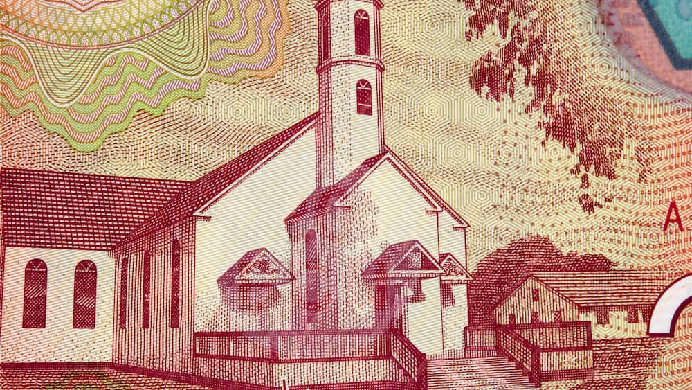 Moravian church at Pearl Lagoon on Nicaragua 20 cordobas (2015) banknote closeup, Nicaraguan money close up