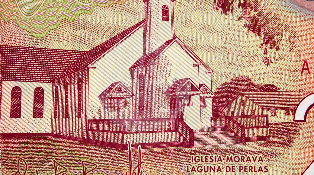 Moravian church at Pearl Lagoon on Nicaragua 20 cordobas (2015) banknote closeup, Nicaraguan money close up