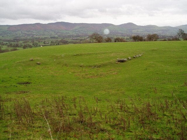 Stone circle Unusual circle in a field near Mynydd Llech, to the west of the A525. The Clwydian Hills can be seen in the distance, with Moel Famau centre left.