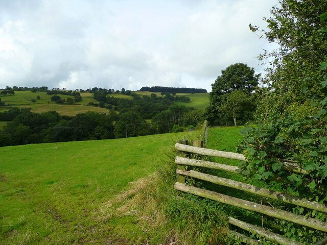 A grassy field with a wooden fence and rolling hills in the background.