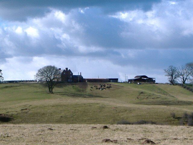 Wych Brook Valley. View across the valley of Wych Brook on bearing of 255 deg from Wigland footpath 8, just south of its junction with footpath 5. The foreground is in England (and SJ 4943), beyond the valley is Wales (and SJ 4843) with Pen-y-Bryn Farm on the skyline. Wych Brook itself - invisible in its deep valley in midfield - only the tree tops showing - forms the border between Cheshire and Wales. This undulating terrain is mostly sheep farming country.