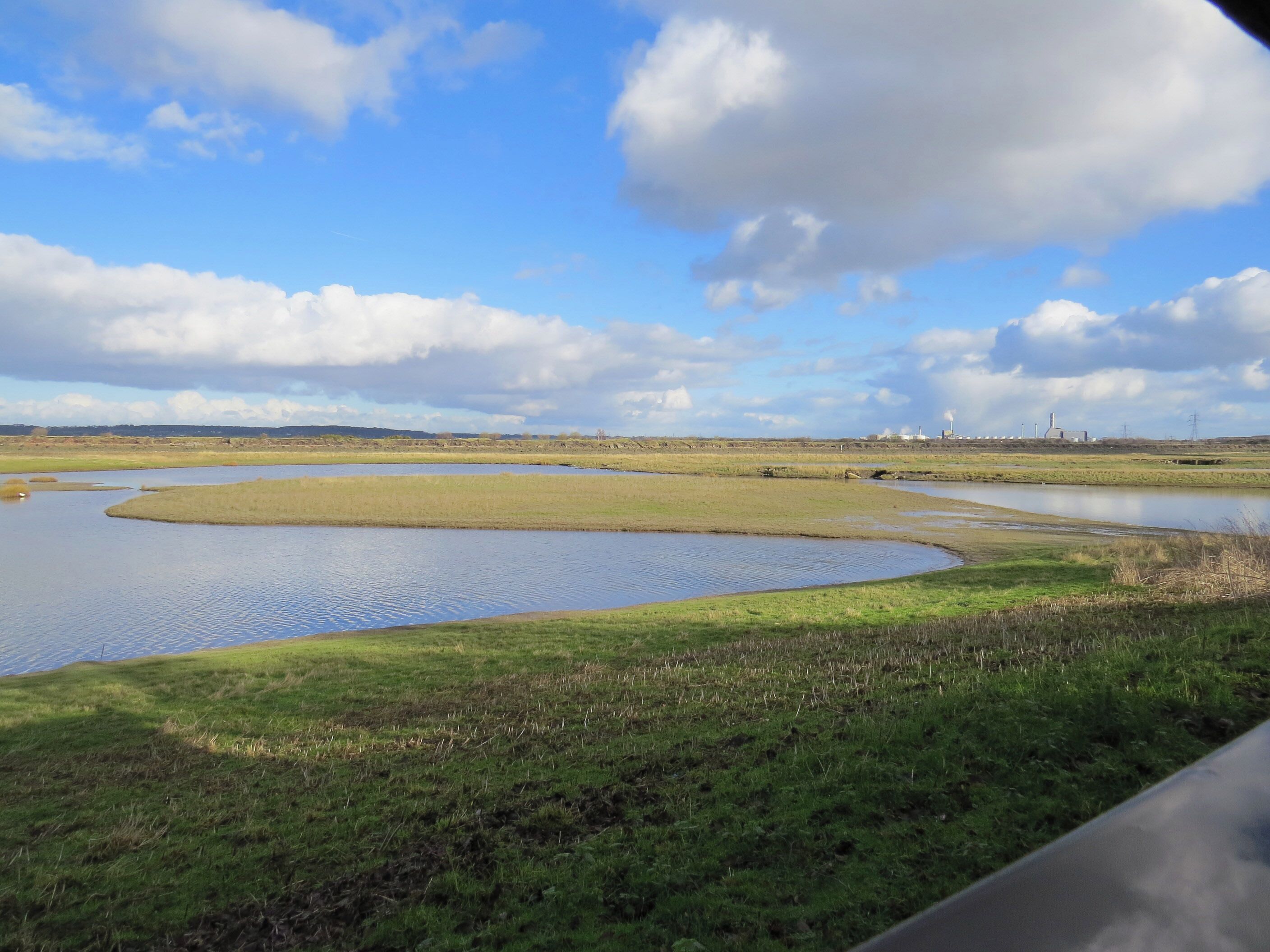 A landscape with a large body of water, grassy areas, and industrial structures in the distance.