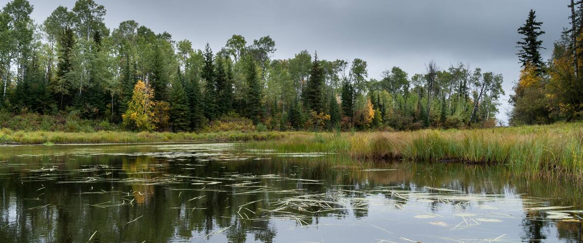 A calm river with reflections of trees and a canoe.