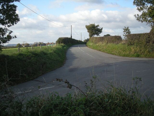 A rural road curving through a countryside with grassy fields and a hedge on one side.