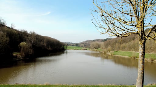 Hochwasserrückhaltebecken Gnadental: Blick vom der Staudamm auf den Stausee
