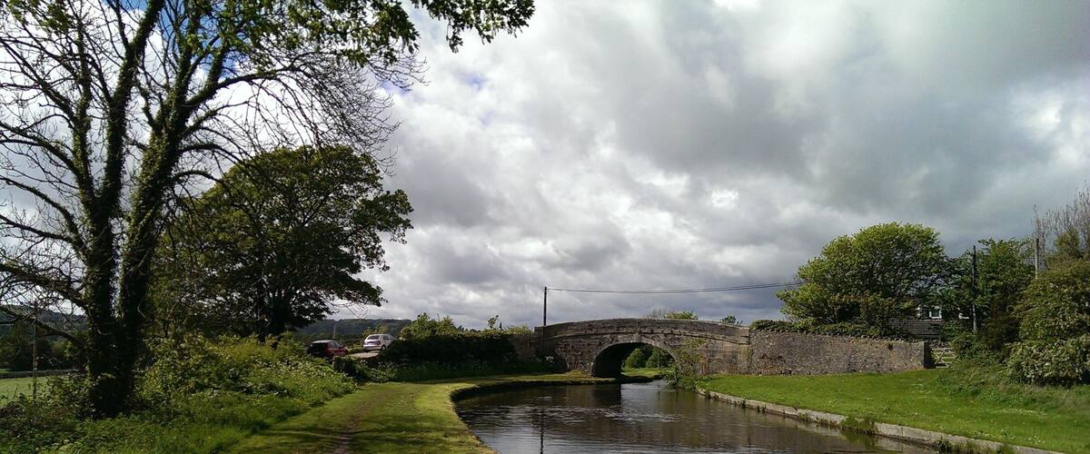 A narrow canal with a stone bridge, lush greenery, and a cloudy sky.