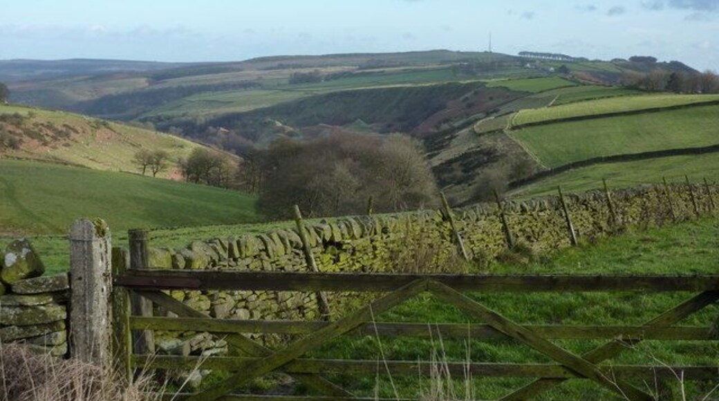 Looking east down Bretton Clough The transmitter mast on Sir William Hill, and the Barrel Inn are on the right horizon