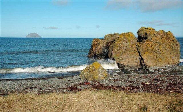 Towards Ailsa Craig Viewed from the shoreline to the north of Lendalfoot on a fine March morning.