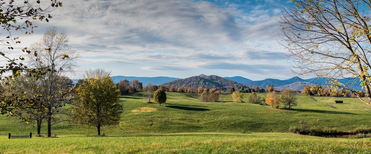 Extensive pastures of horse farm in Albemarle County, in central Virginia, with Blue Ridge Mountains in far distance and Fox Mountain center.