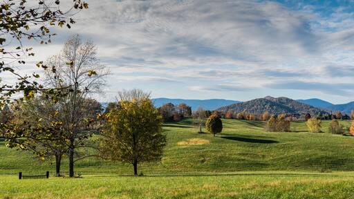 Extensive pastures of horse farm in Albemarle County, in central Virginia, with Blue Ridge Mountains in far distance and Fox Mountain center.
