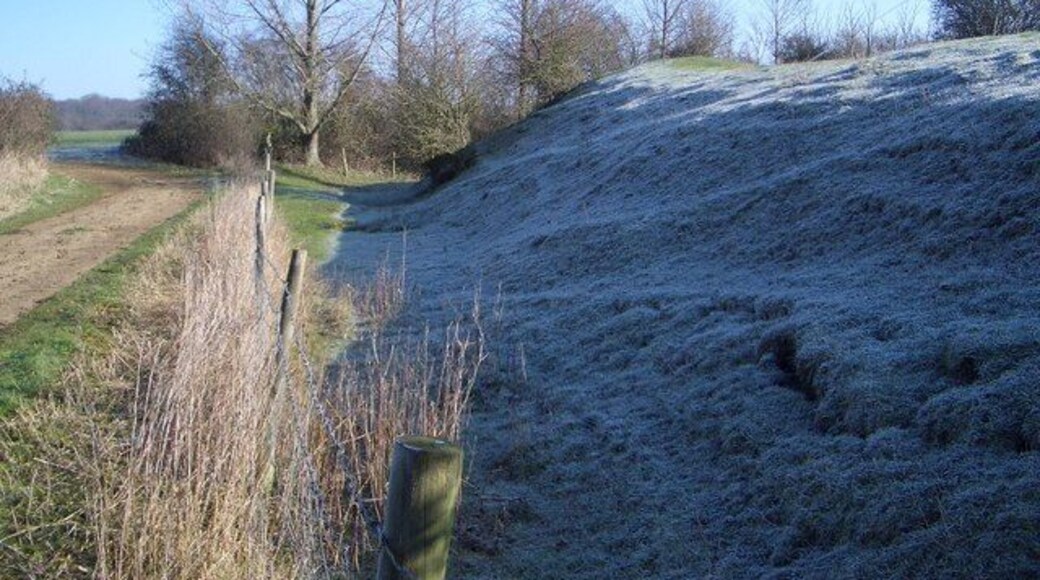 Lavendon Castle Earthworks - IV A frosty view of the impressive inner bailey earthworks behind Castle Farm looking northeastwards. Records show that Lavendon Castle existed at least as early as 1232.