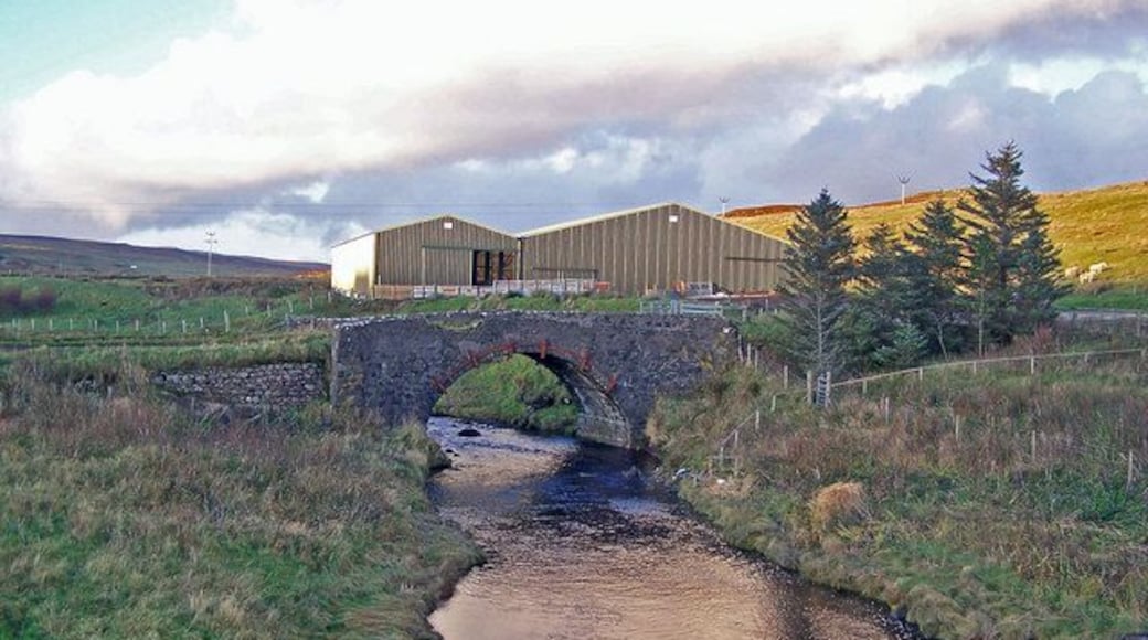 Old bridge at Caroy. Contrast this picture with this one by John Allan - 107403. The bridge is the same, but the huge barns behind it are new.