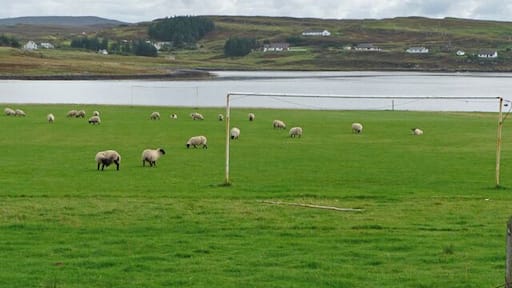 Football pitch at Feorlig Loch Caroy in the background. Sheepfield Wednesday v Man Ewenited?