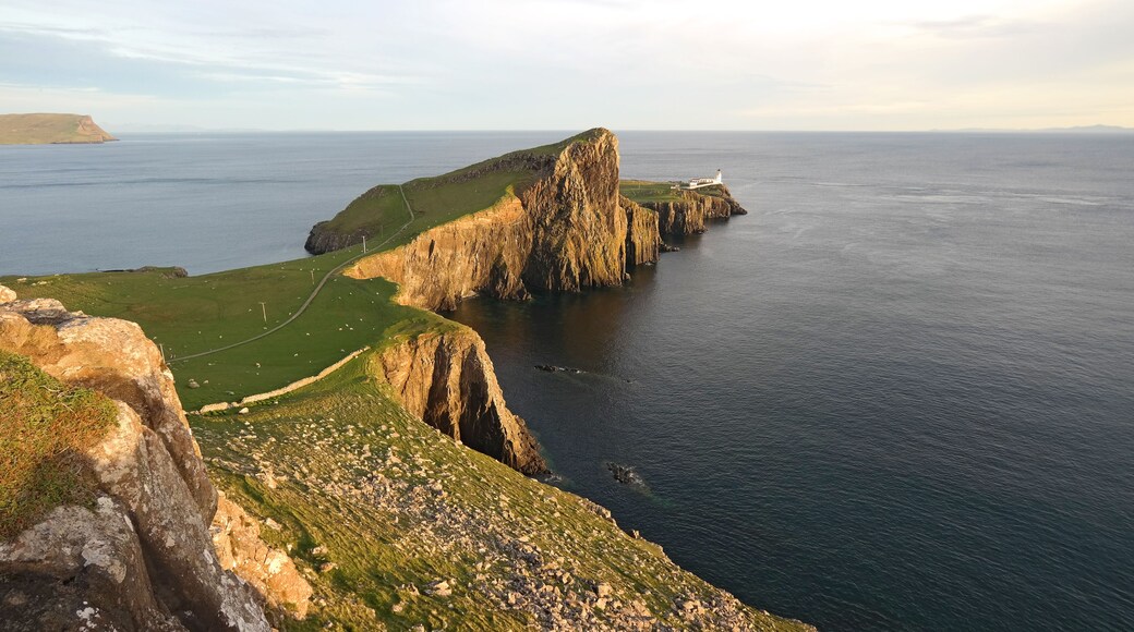 A coastal landscape with a prominent cliff, a lighthouse, and a grassy path.