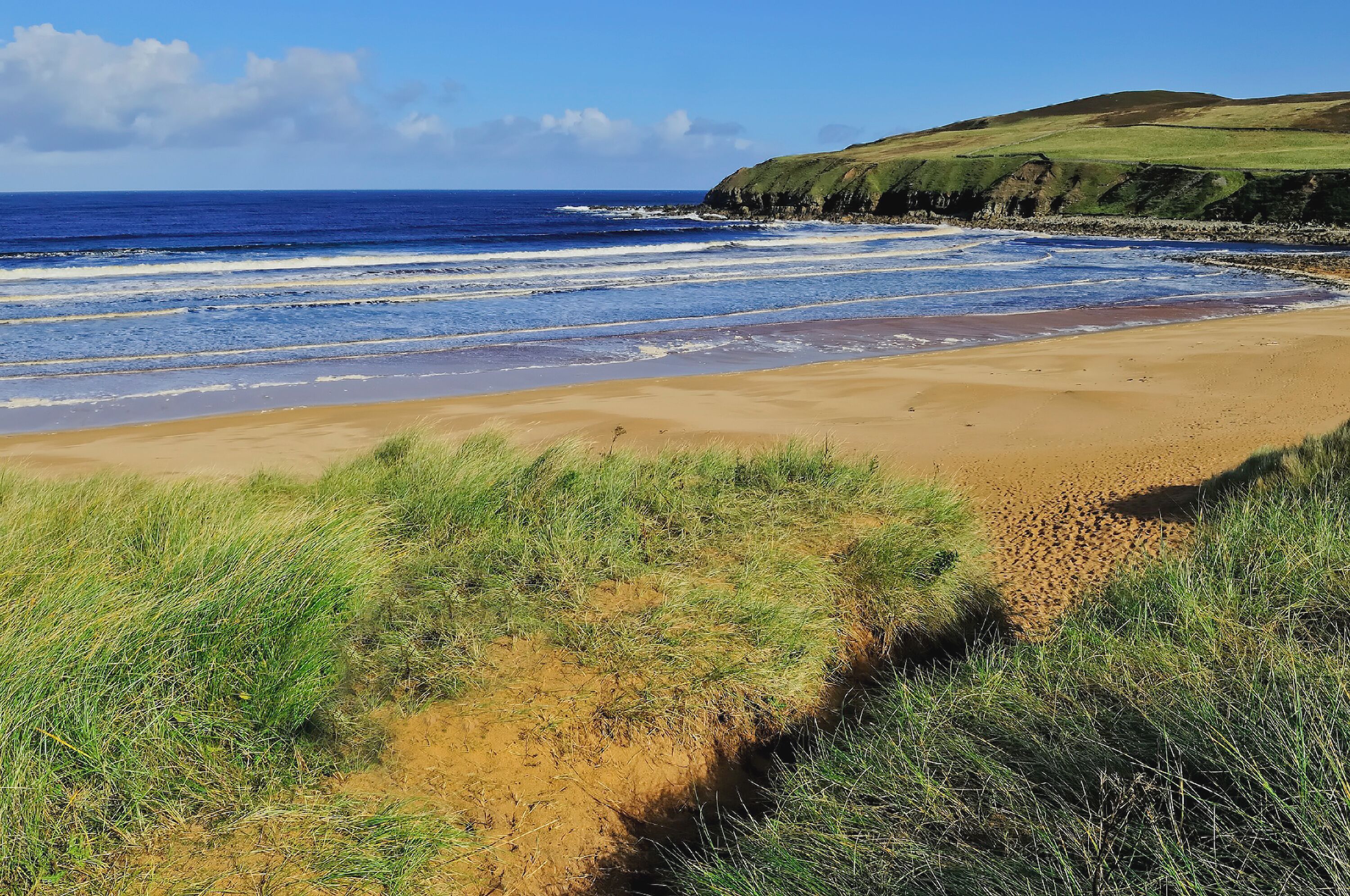 A coastal beach with waves, grassy dunes, and a grassy hill in the background.