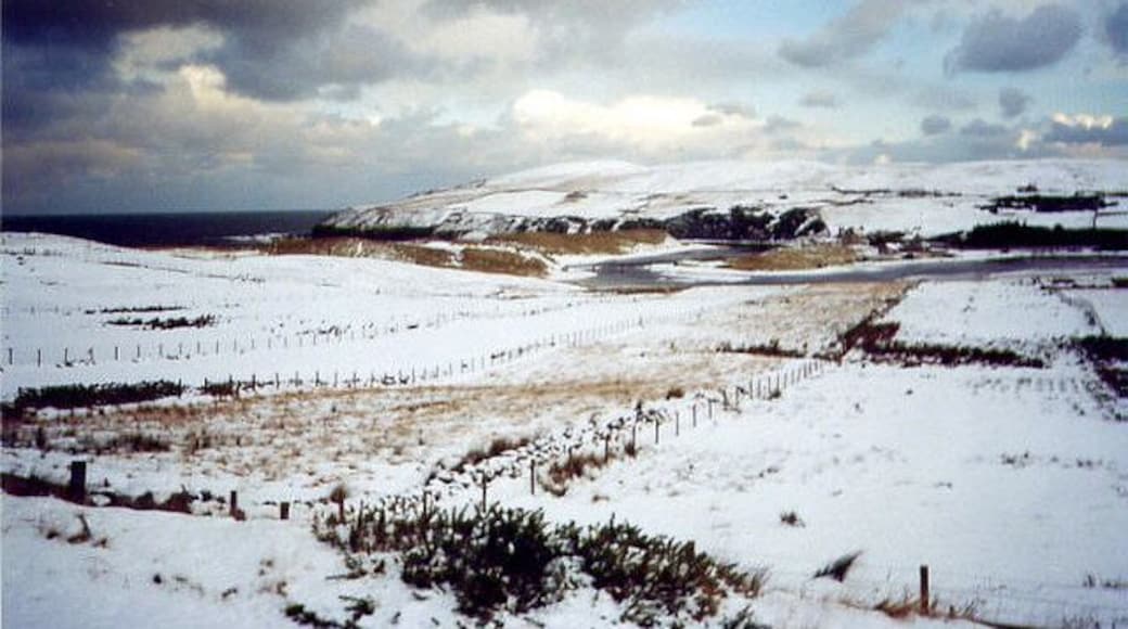 Wintry view towards Bighouse Lodge The footbridge across the river Halladale, to the left of the buildings of Bighouse Lodge, can be glimpsed in the distance.
