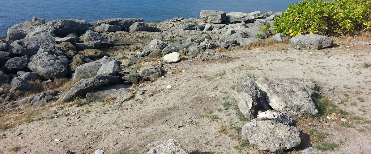 A rocky coastline with large boulders and sparse vegetation.