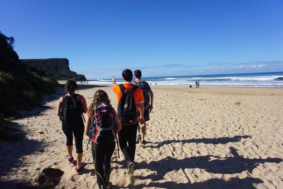 Un grupo de personas caminando sobre una playa arenosa con un acantilado al fondo.