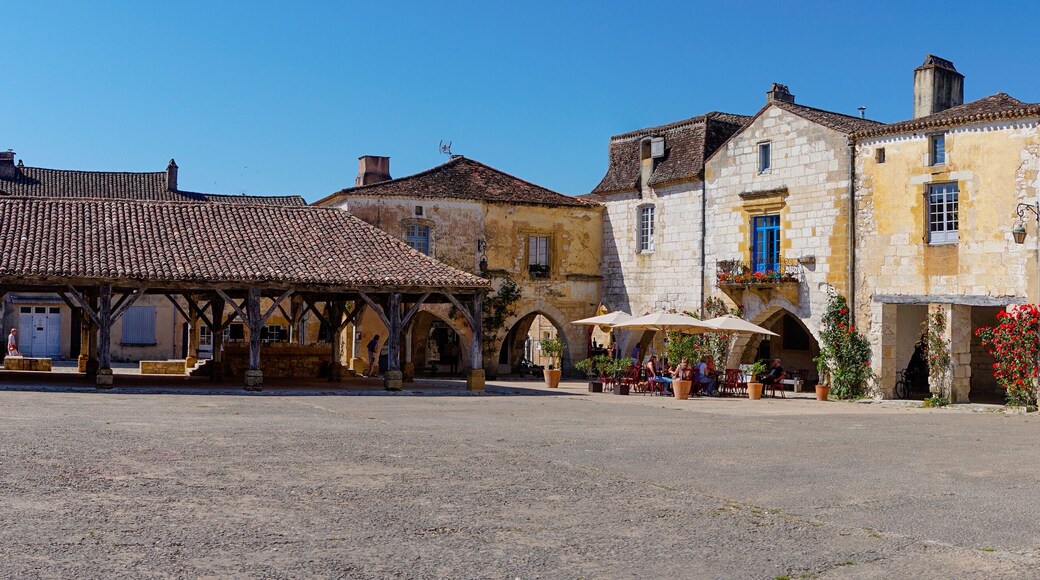 panorama view of the Place des Cornieres Square in the historic city center of Monpazier