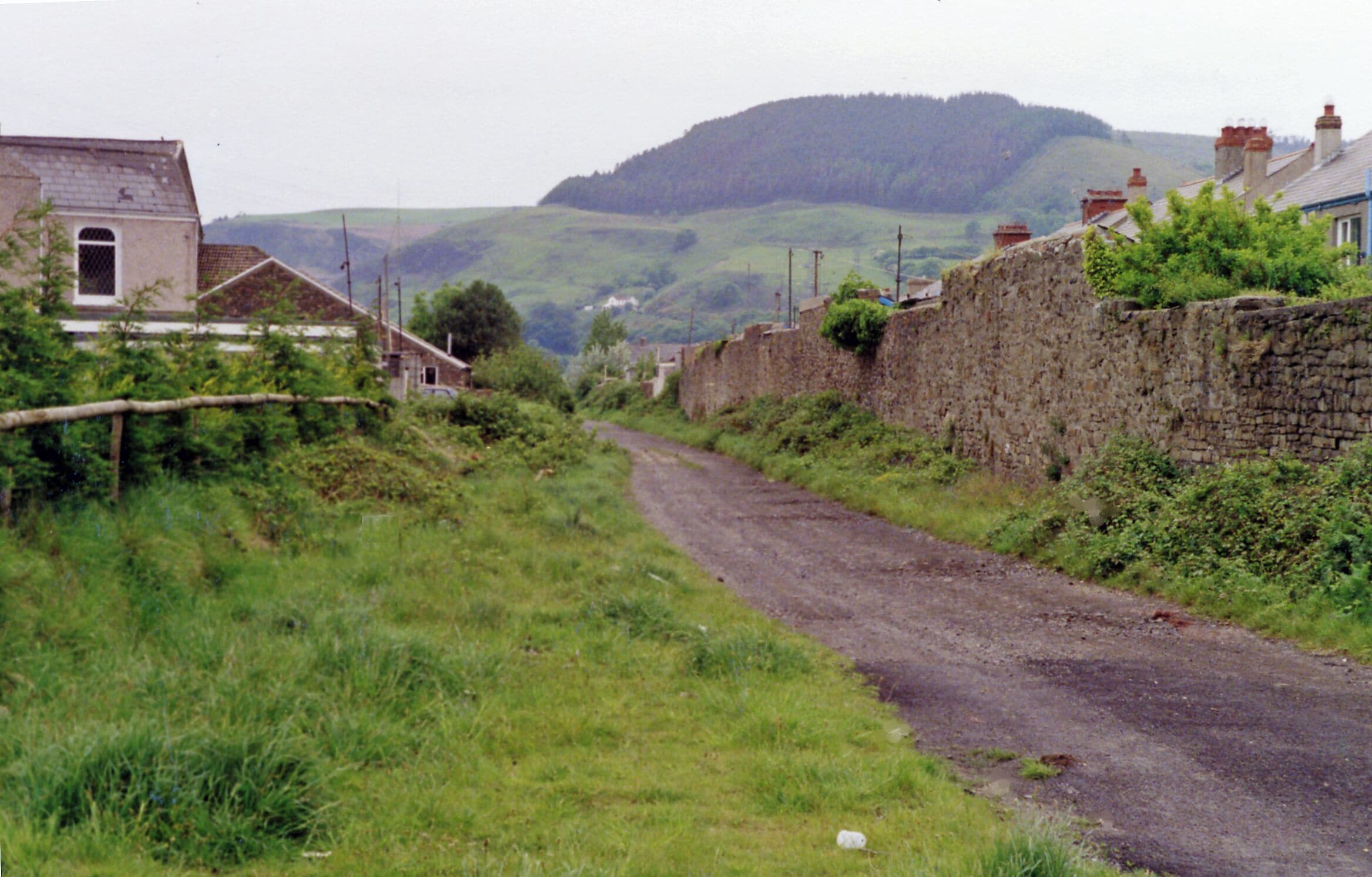 Site of Cwmavon station, 1990. View SW down the Cwm Avon valley, towards Aberavon, Neath and Swansea: ex-GW, Rhondda & Swansea Bay line, Treherbert - Aberavon (Seaside)/port Talbot - Court Sart/Neath - Swansea East Dock line, closed 3/12/62 to passengers, 2/11/64 to goods, although the line west of Aberavon remained for freight for about 10 more years - see SS8896 : Blaengwynfi Station, with train. The mountain ahead is Mynydd Emroch (735 ft.)