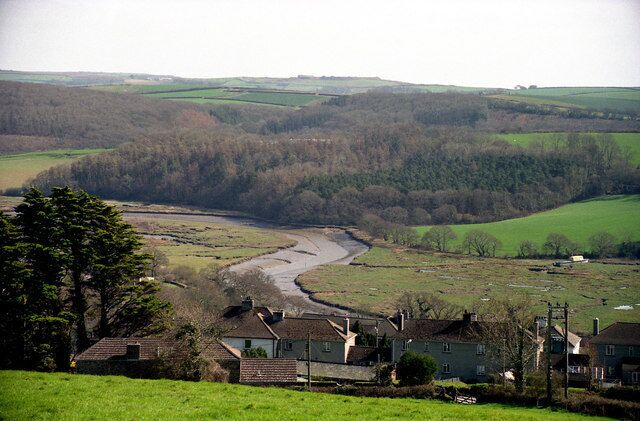 Tidal Marshes, Sconner Turf , St Germans. Photograph taken in winter from high ground close to St Germans railway station south eastwards, down river from Polbathic lake. Sconner Turf Wood is beyond the river. These are the higher reaches of the Lynher, a tidal drowned river valley.