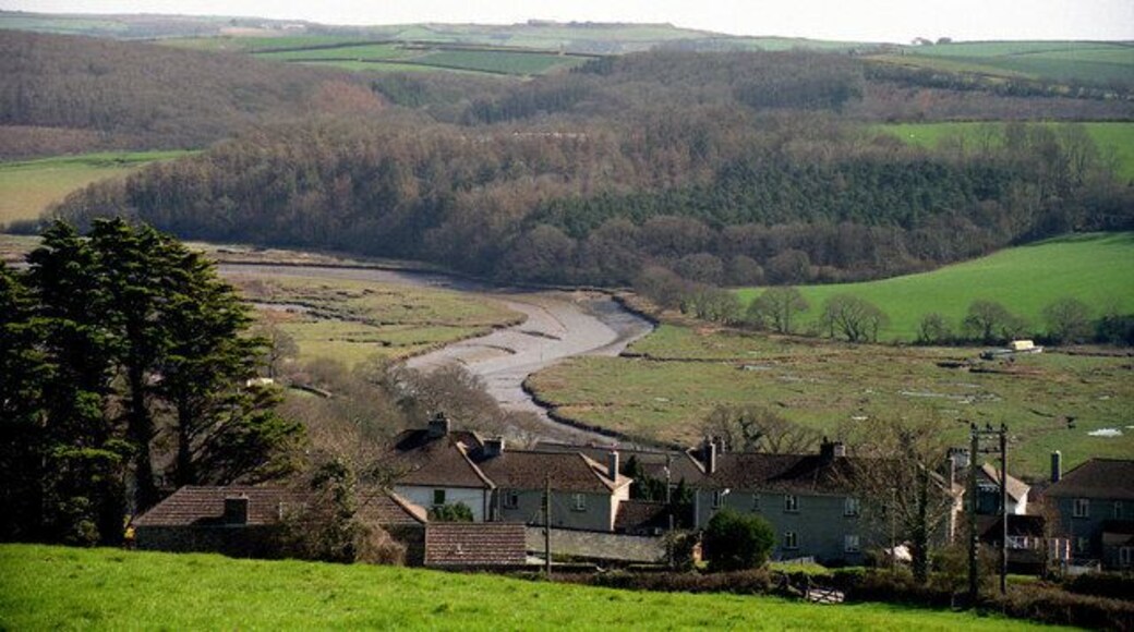 Tidal Marshes, Sconner Turf , St Germans. Photograph taken in winter from high ground close to St Germans railway station south eastwards, down river from Polbathic lake. Sconner Turf Wood is beyond the river. These are the higher reaches of the Lynher, a tidal drowned river valley.