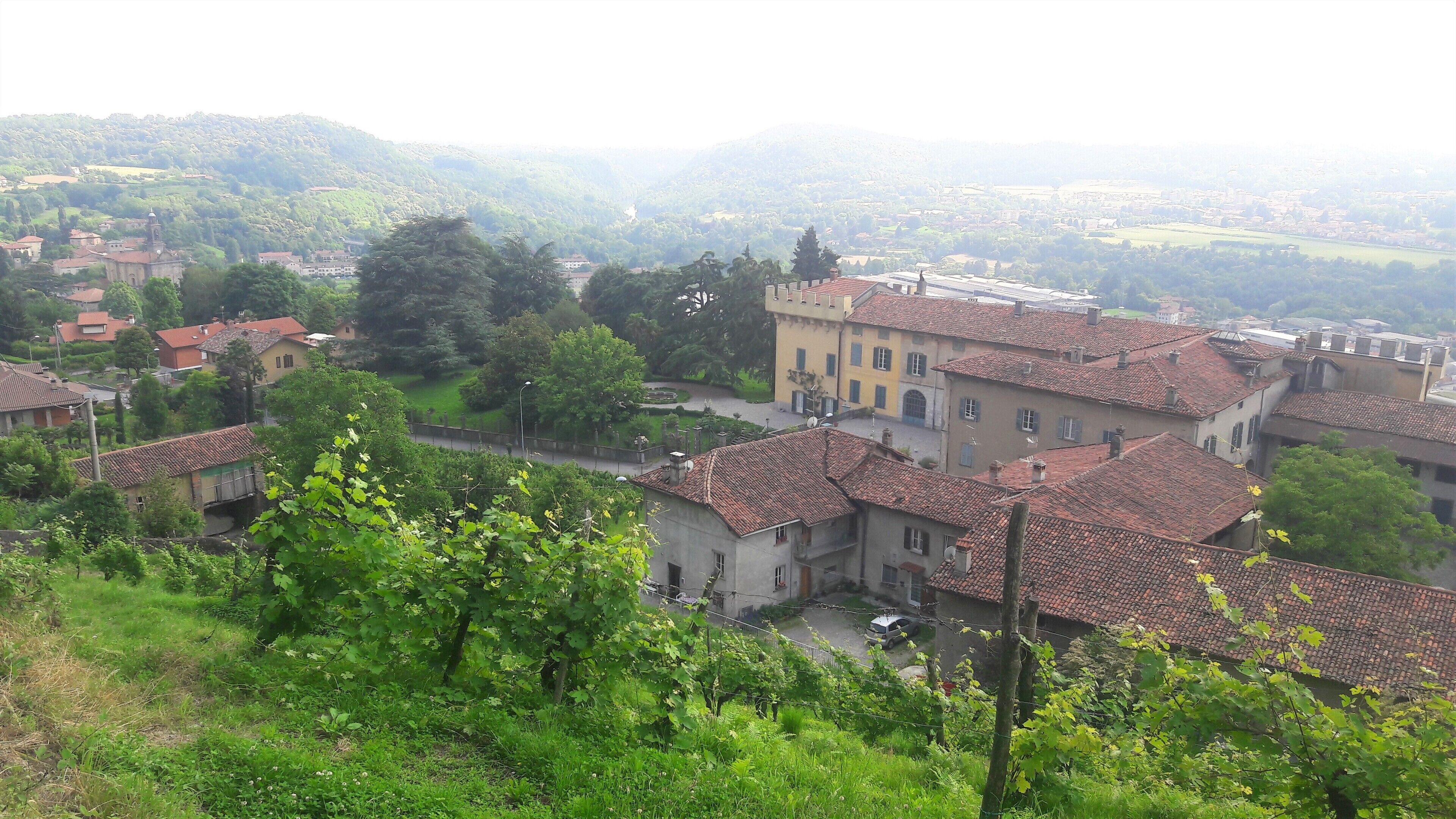 A hillside town with terracotta-roofed buildings, lush greenery, and a distant mountain range.