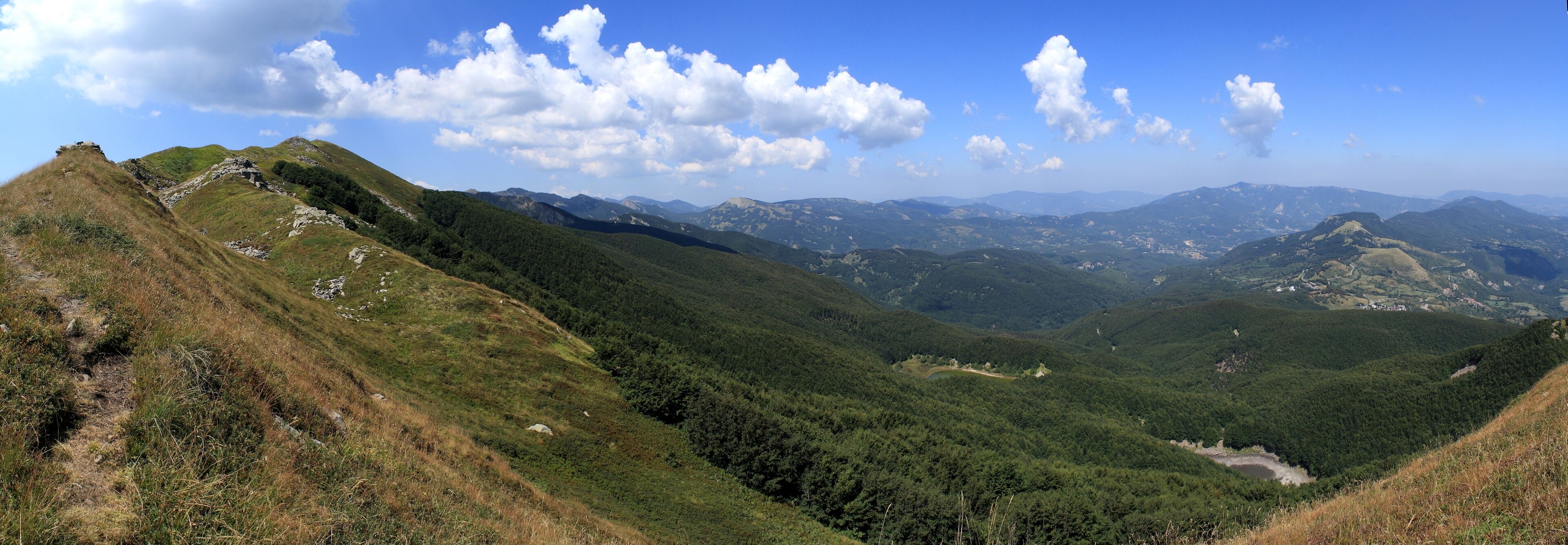 A mountainous landscape with a winding path, dense forests, and distant hills under a clear blue sky.