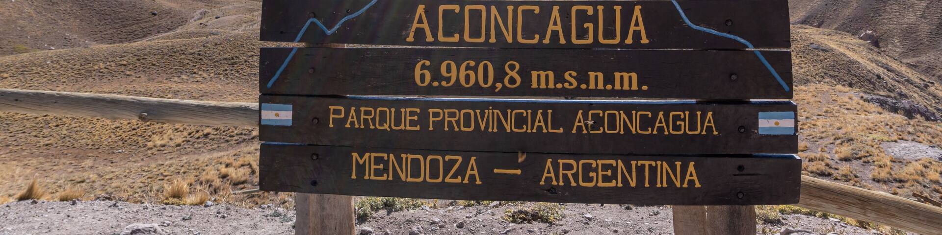Ave sobre cartel de cerro Aconcagua