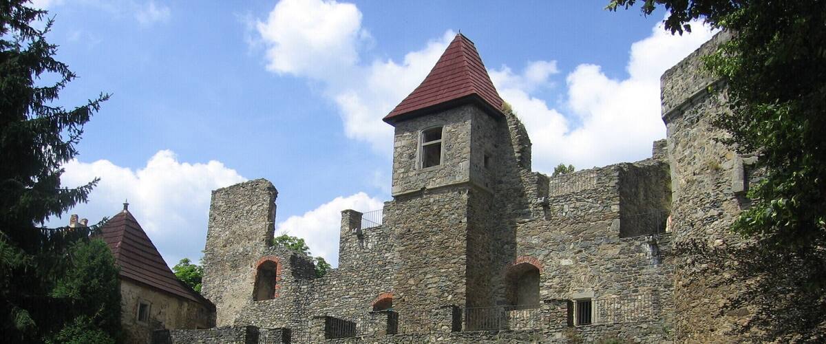 A historic stone castle with red-tiled roofs, surrounded by lush greenery and a clear blue sky.
