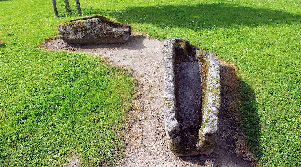 Crozant (Creuse). Esplanade "Chaupline".(Esplanade de l'église). Avant 1918 le cimetière était attenant à l'église. Des sarcophages en granit encore visibles attestent de son existence.
Ces sarcophages de granit, avec emplacement de la tête (forme céphalique), datant du Xème siècle, ont été mis à jour lors de l'érection du monument aux morts, près de l'église.