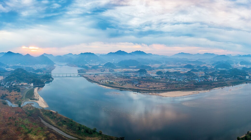 drone view : Riverside view of Nakdong River in Changnyeong-gun, Gyeongsangnam-do, Republic of Korea