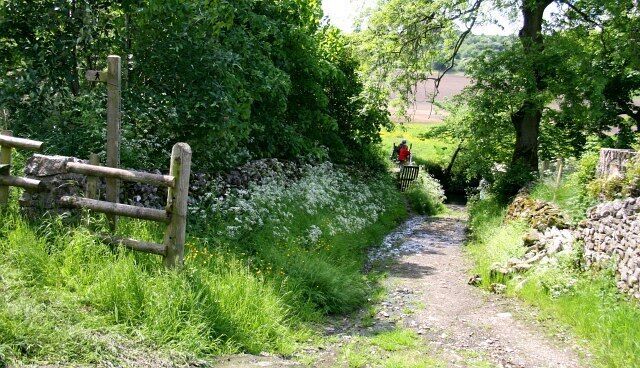Footpath and track at Bridge End Farm This track joins with another at the viewpoint at Bridge End Farm toward a bridge and ford (both just ahead). The photograph was taken from the same viewpoint as this one on a walk from 1714224. To see a photograph of the bridge, click here 1714368. To see a photograph of the ford, click here 1714351.