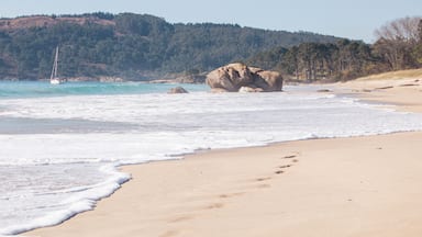 A sandy beach with footprints leading to a large rock formation, a sailboat in the water, and a forested hill in the background.