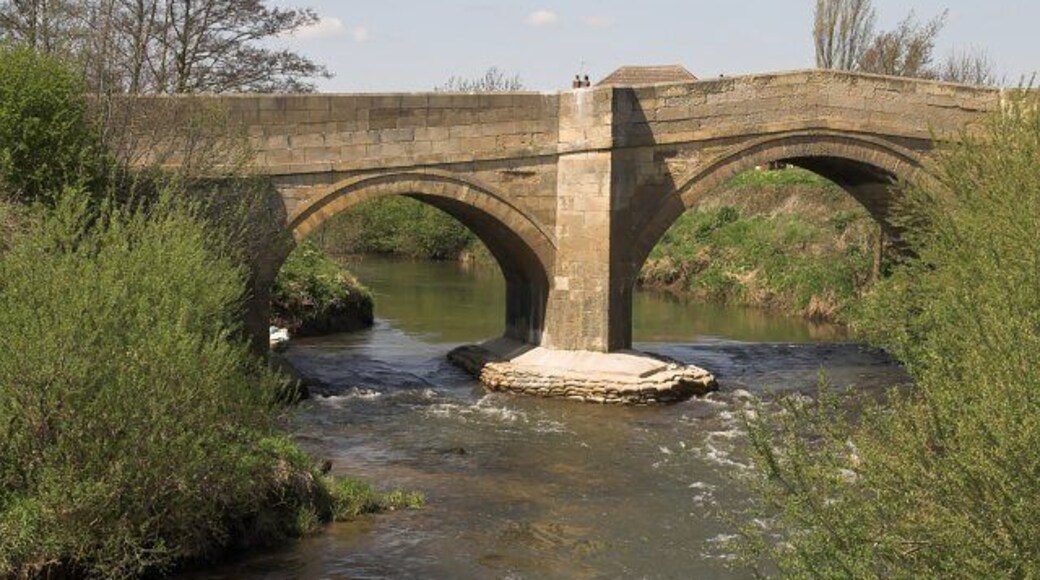 Newsham Bridge from the East. The bridge has been closed for several weeks while the pier foundations have been reinforced. The River Rye here can produce very powerful floods as it draws much of its flow from the upland areas of the North Yorkshire Moors.