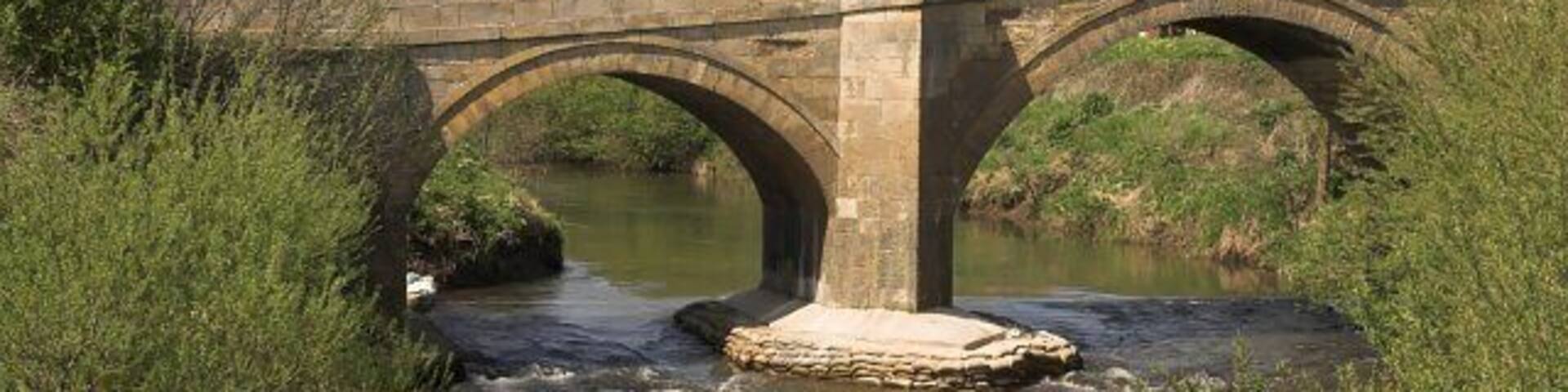 Newsham Bridge from the East. The bridge has been closed for several weeks while the pier foundations have been reinforced. The River Rye here can produce very powerful floods as it draws much of its flow from the upland areas of the North Yorkshire Moors.