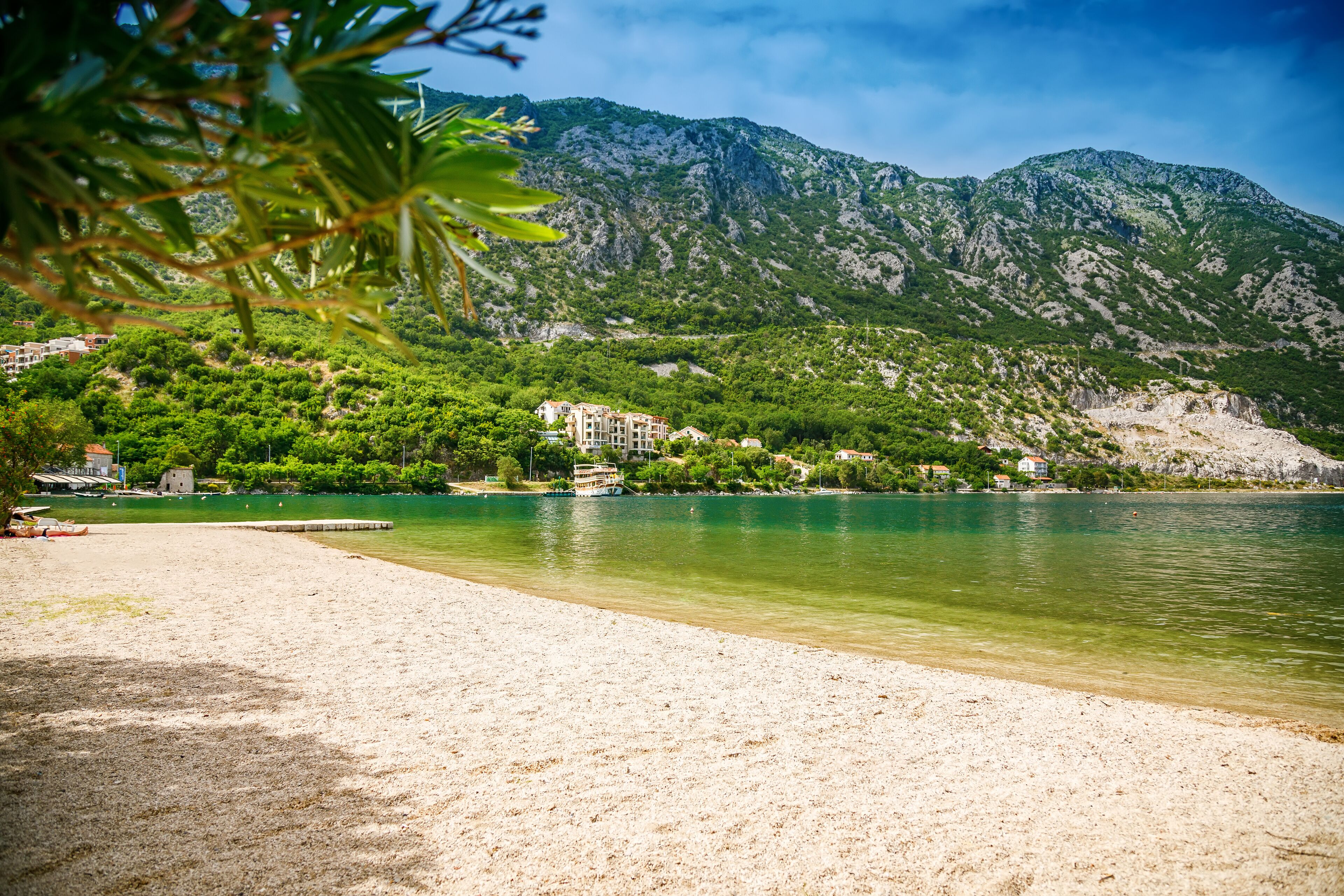 Beautiful view from the beach in the small village Morinj in the Kotor bay