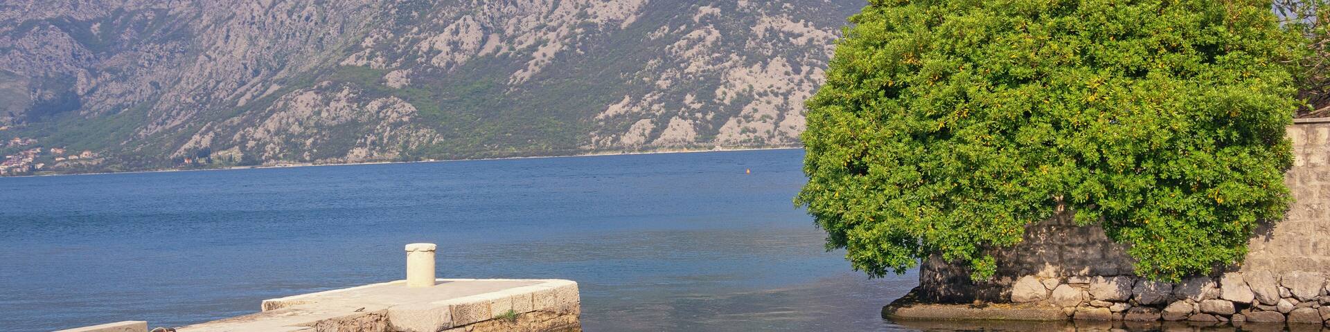 Beautiful Mediterranean landscape. Montenegro, Adriatic Sea. View of Bay of Kotor on sunny spring day