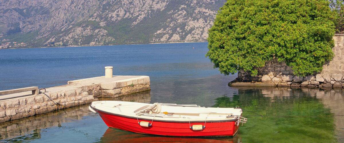 A red boat docked at a pier with a mountain and a large tree in the background.