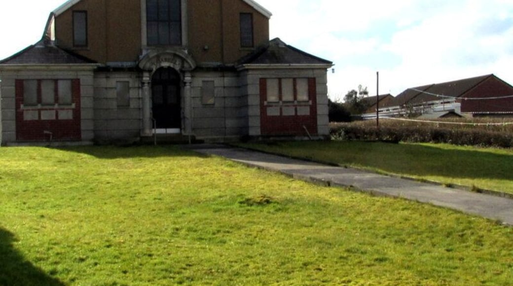Y Babell chapel, Pontarddulais. Set back 35 metres from the south side of the A48 Bolgoed Road. There is no nameboard here, only Y BABELL engraved in stone on the doorway arch.
