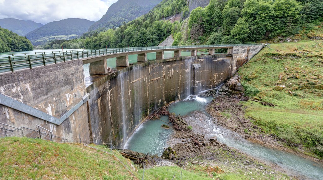 Una presa amb un pont, una cascada i un riu.